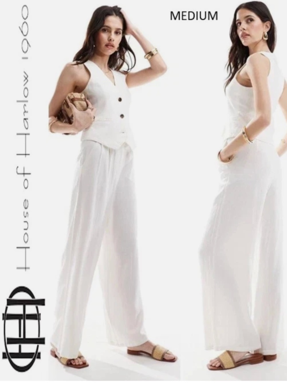 House of Harlow 2-Piece Floral Embossed Wide Leg Vest Set Boho Festival - MEDIUM